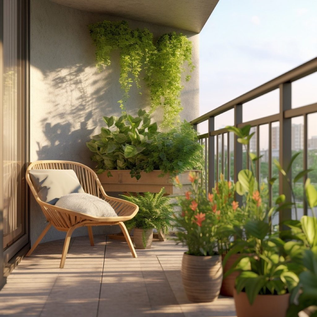 terraço, confortável, prático, bonito, móveis, iluminação, plantas, privacidade, decoração